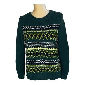 Talbots Fair‎ Isle Nordic Stripe Cotton Sweater Green Yellow Size M